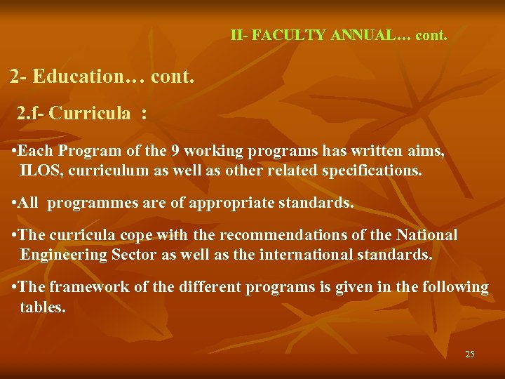 II- FACULTY ANNUAL… cont. 2 - Education… cont. 2. f- Curricula : • Each