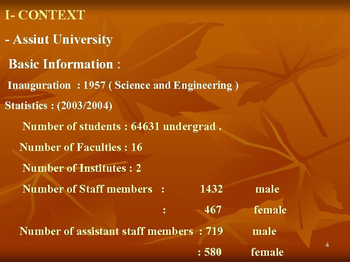 I- CONTEXT - Assiut University Basic Information : Inauguration : 1957 ( Science and