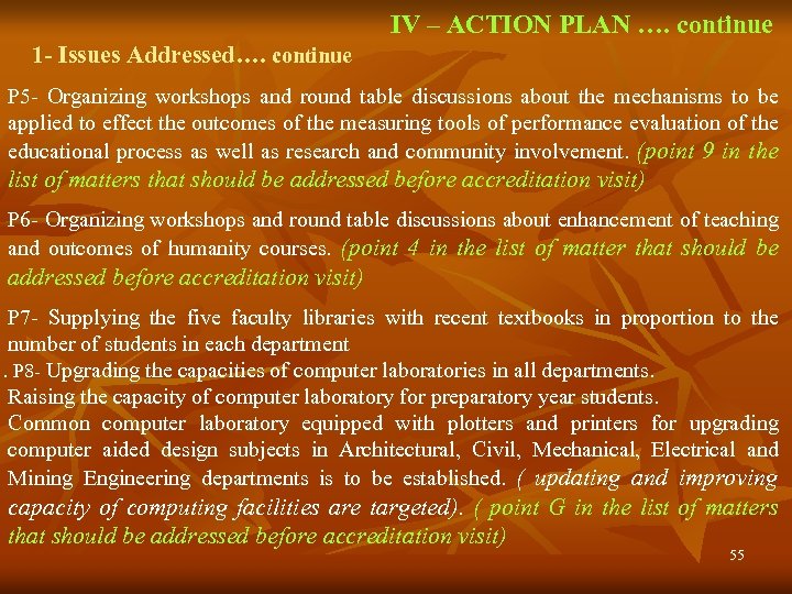  IV – ACTION PLAN …. continue 1 - Issues Addressed…. continue P 5