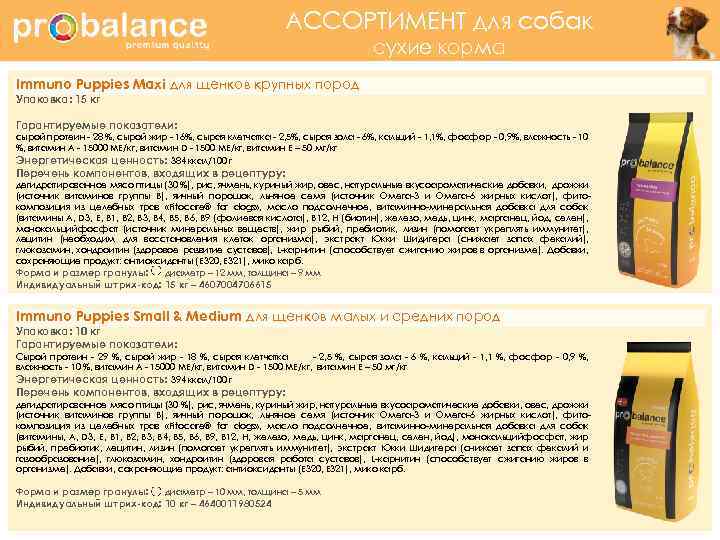 АССОРТИМЕНТ для собак сухие корма Immuno Puppies Maxi для щенков крупных пород Упаковка: 15