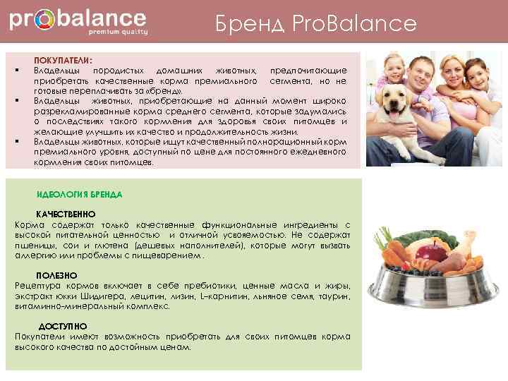 Бренд Pro. Balance § § § ПОКУПАТЕЛИ: Владельцы породистых домашних животных, предпочитающие приобретать качественные