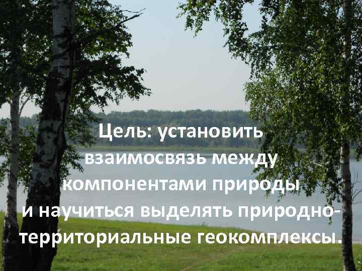 Цель: установить взаимосвязь между компонентами природы и научиться выделять природнотерриториальные геокомплексы. 