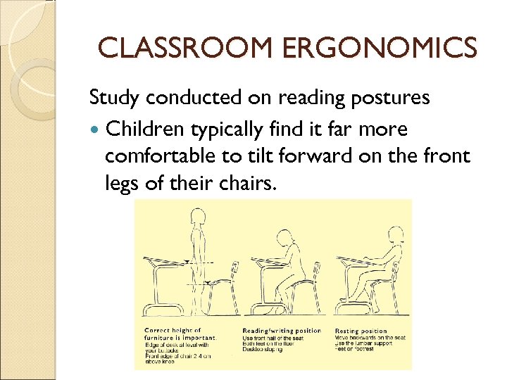 CLASSROOM ERGONOMICS Study conducted on reading postures Children typically find it far more comfortable
