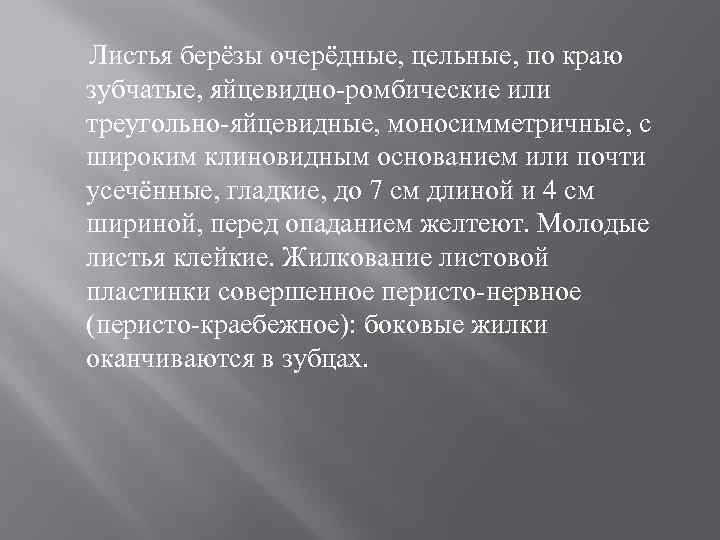 Листья берёзы очерёдные, цельные, по краю зубчатые, яйцевидно-ромбические или треугольно-яйцевидные, моносимметричные, с широким клиновидным