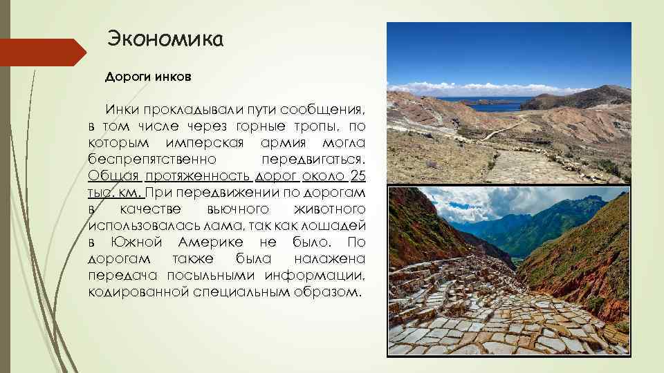 Экономика Дороги инков Инки прокладывали пути сообщения, в том числе через горные тропы, по