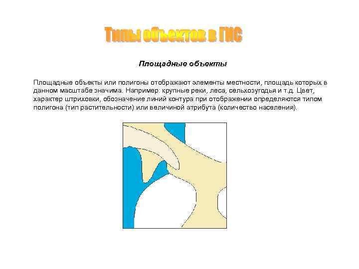 Площадные объекты или полигоны отображают элементы местности, площадь которых в данном масштабе значима. Например: