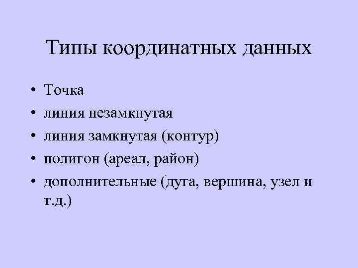 Типы координатных данных • • • Точка линия незамкнутая линия замкнутая (контур) полигон (ареал,