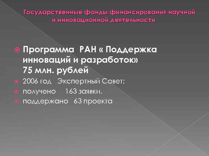 Государственные фонды финансирования научной и инновационной деятельности Программа РАН « Поддержка инноваций и разработок»