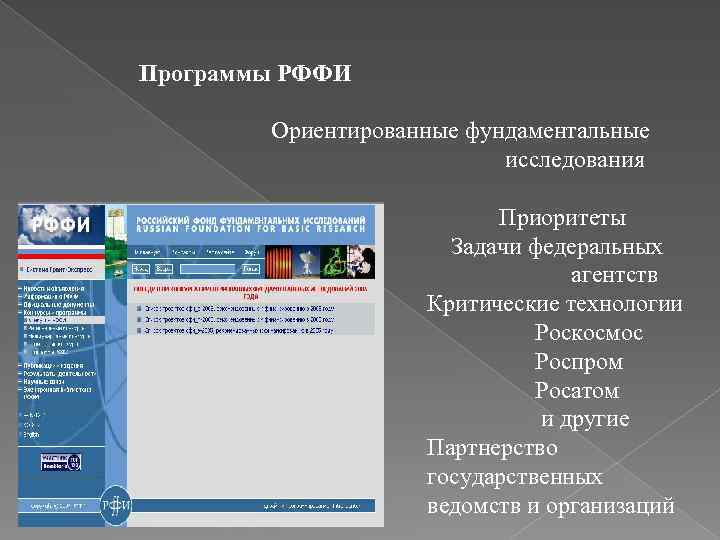 Программы РФФИ Ориентированные фундаментальные исследования Приоритеты Задачи федеральных агентств Критические технологии Роскосмос Роспром Росатом