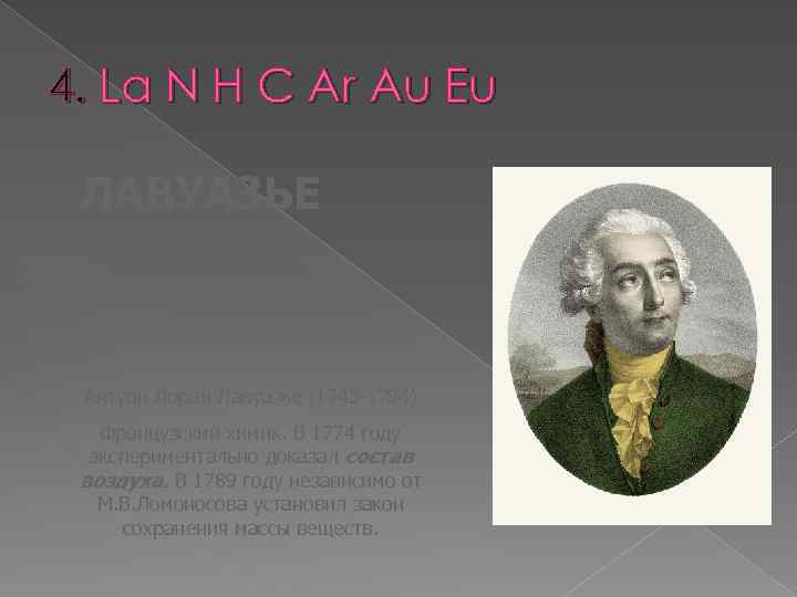 4. La N H C Ar Au Eu ЛАВУАЗЬЕ Антуан Лоран Лавуазье (1743 -1794)