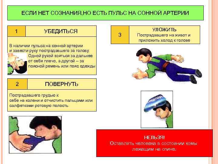 Первая помощь при наличии. Если нет сознания но есть пульс на сонной артерии. Если нет сознания но есть пульс. Оказание первой помощи если нет сознания но есть пульс. Действия при наличии пульса на сонной артерии и отсутствии сознания.