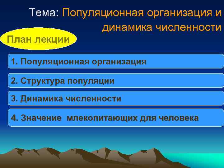 Тема: Популяционная организация и динамика численности План лекции 1. Популяционная организация 2. Структура популяции