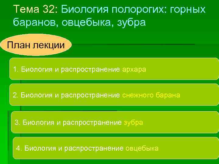 Тема 32: Биология полорогих: горных баранов, овцебыка, зубра План лекции 1. Биология и распространение