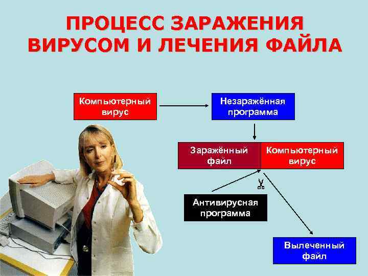 ПРОЦЕСС ЗАРАЖЕНИЯ ВИРУСОМ И ЛЕЧЕНИЯ ФАЙЛА Компьютерный вирус Незаражённая программа Заражённый файл Компьютерный вирус