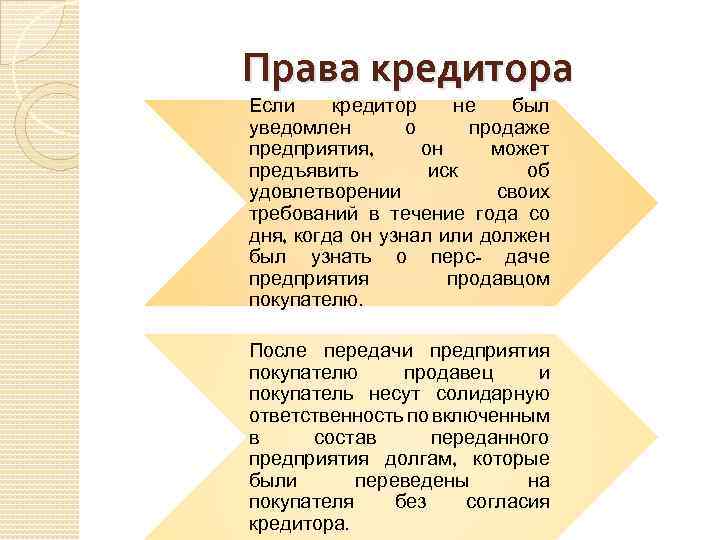 Права кредитора Если кредитор не был уведомлен о продаже предприятия, он может предъявить иск