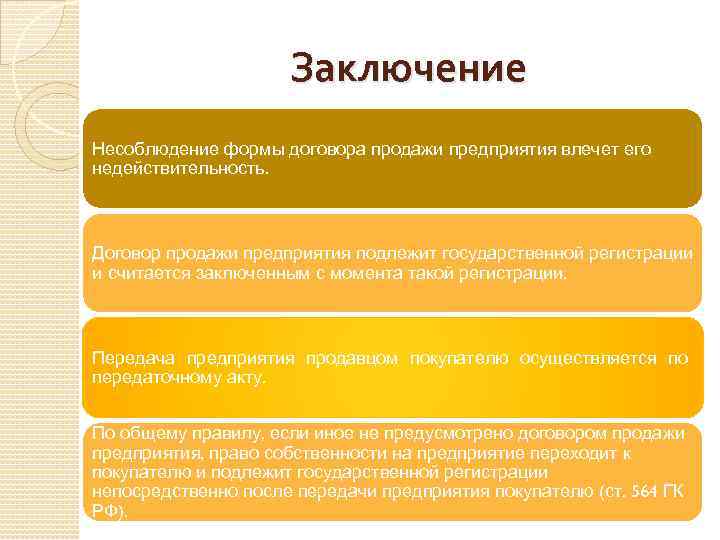 Заключение Несоблюдение формы договора продажи предприятия влечет его недействительность. Договор продажи предприятия подлежит государственной