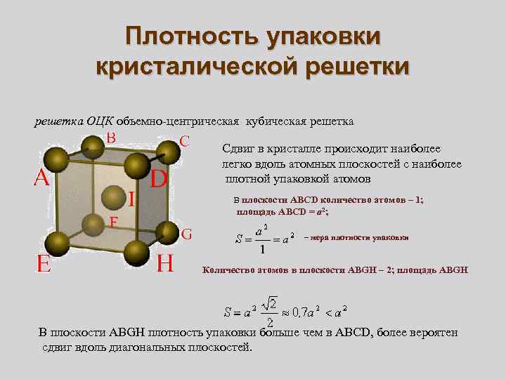 Плотность упаковки кристалической решетки решетка ОЦК объемно центрическая кубическая решетка Сдвиг в кристалле происходит