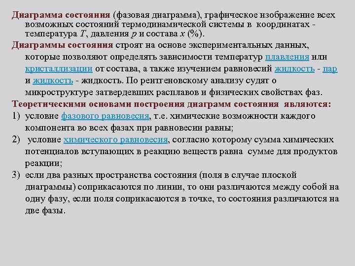 Диаграмма состояния (фазовая диаграмма), графическое изображение всех возможных состояний термодинамической системы в координатах температура