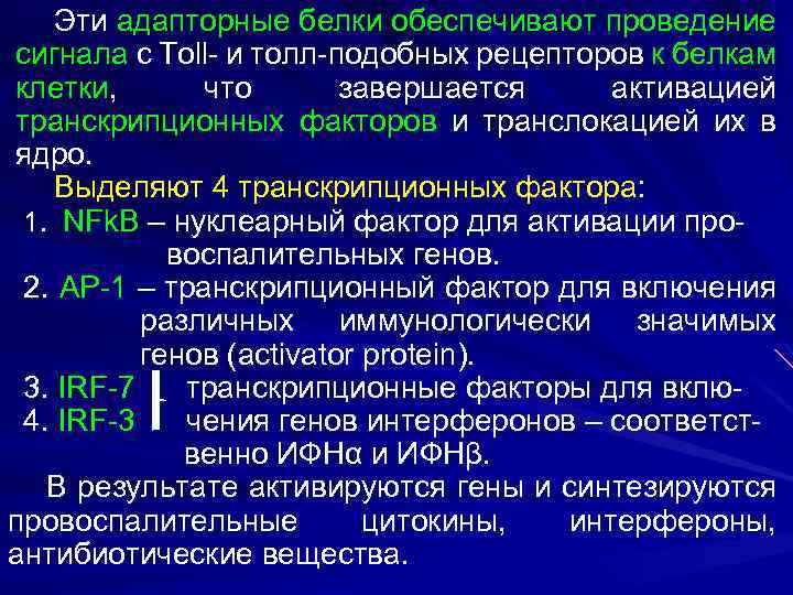 Эти адапторные белки обеспечивают проведение сигнала с Тоll- и толл-подобных рецепторов к белкам клетки,