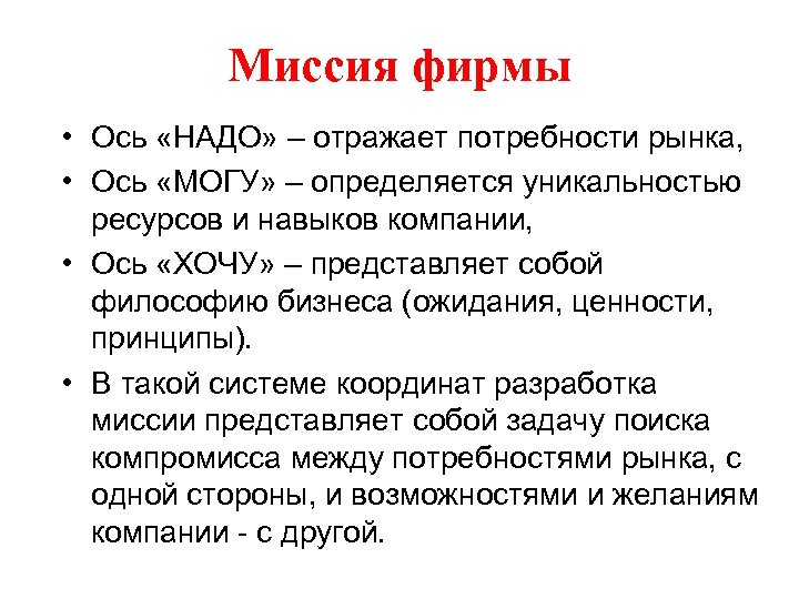 Миссия фирмы • Ось «НАДО» – отражает потребности рынка, • Ось «МОГУ» – определяется