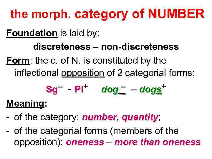 the morph. category of NUMBER Foundation is laid by: discreteness – non-discreteness Form: the