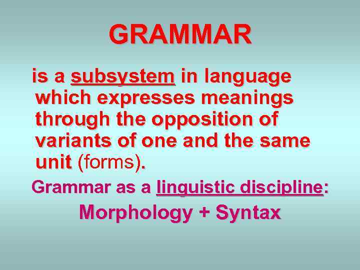 GRAMMAR is a subsystem in language which expresses meanings through the opposition of variants