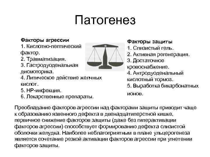 Патогенез Факторы агрессии 1. Кислотно-пептический фактор. 2. Травматизация. 3. Гастродуоденальная дисмоторика. 4. Литическое действие