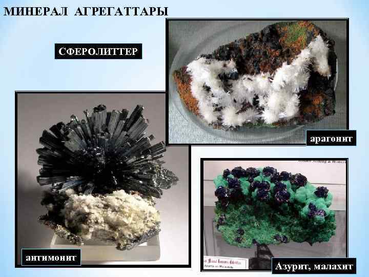 МИНЕРАЛ АГРЕГАТТАРЫ СФЕРОЛИТТЕР арагонит антимонит Азурит, малахит 