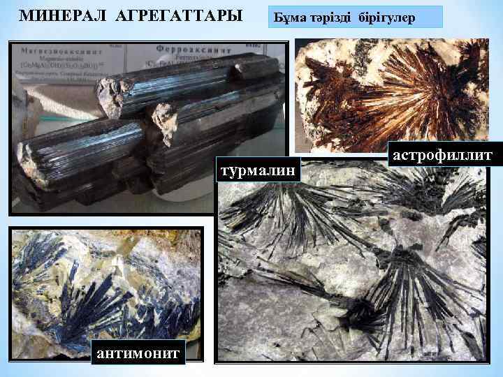 МИНЕРАЛ АГРЕГАТТАРЫ Бұма тәрізді бірігулер турмалин антимонит астрофиллит 