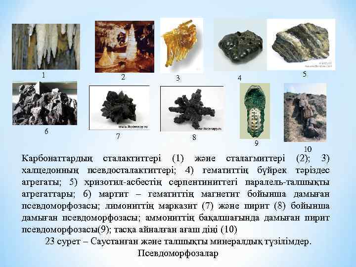 1 6 2 7 3 5 4 8 9 10 Карбонаттардың сталактиттері (1) және