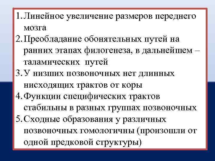 1. Линейное увеличение размеров переднего мозга 2. Преобладание обонятельных путей на ранних этапах филогенеза,