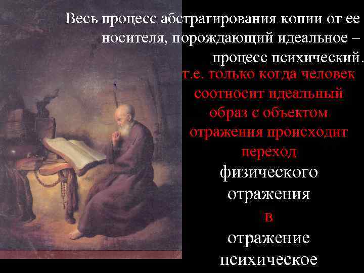 Весь процесс абстрагирования копии от ее носителя, порождающий идеальное – процесс психический. т. е.