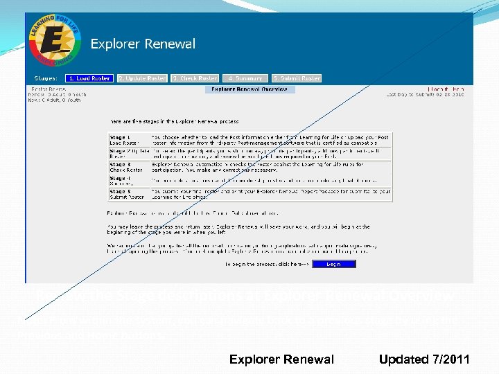 Review the Stage descriptions at Explorer Renewal Overview Note: From within the system, you