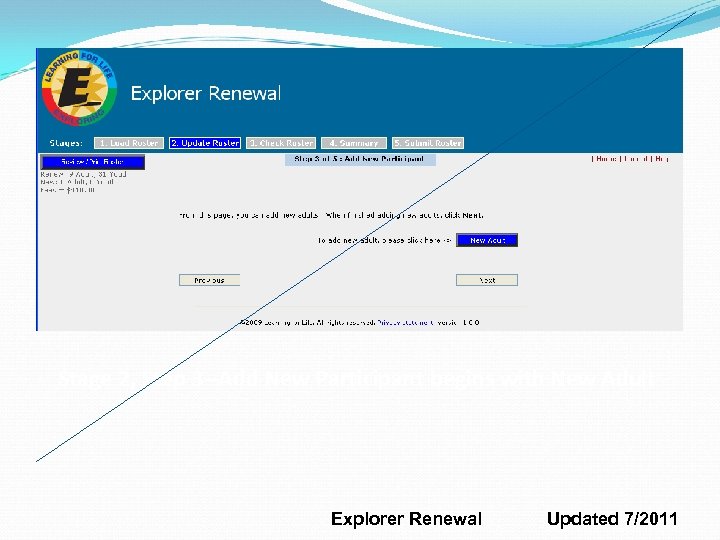 Stage 2, Step 3 --Add New Participant begins with New Adult Explorer Renewal Updated