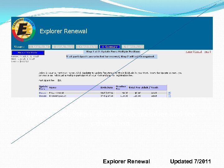 Update Fees, Step 1, shows each member and fee calculation Explorer Renewal Updated 7/2011
