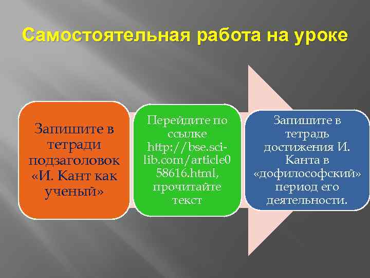 Самостоятельная работа на уроке Запишите в тетради подзаголовок «И. Кант как ученый» Перейдите по