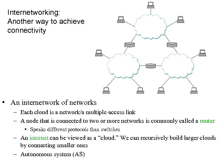 Internetworking: Another way to achieve connectivity • An internetwork of networks – Each cloud