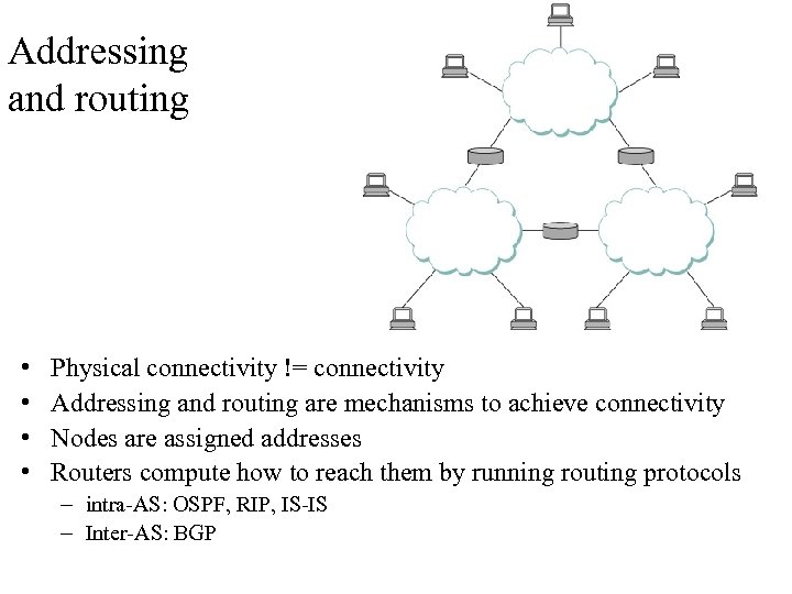 Addressing and routing • • Physical connectivity != connectivity Addressing and routing are mechanisms