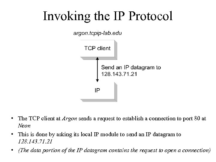 Invoking the IP Protocol • The TCP client at Argon sends a request to
