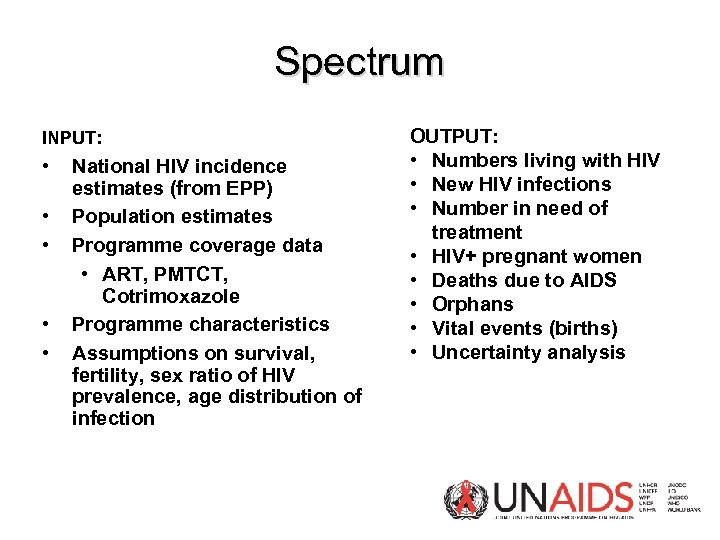 Spectrum INPUT: • • • National HIV incidence estimates (from EPP) Population estimates Programme