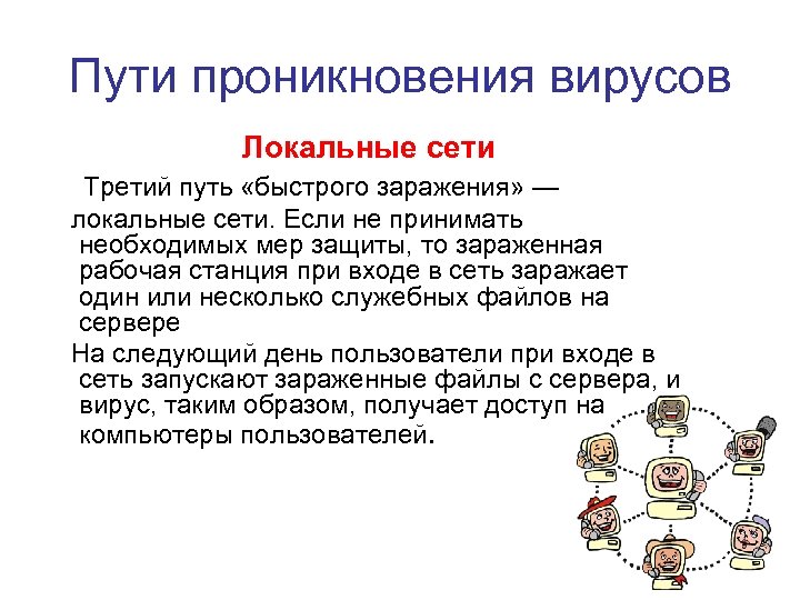 Пути проникновения вирусов Локальные сети Третий путь «быстрого заражения» — локальные сети. Если не