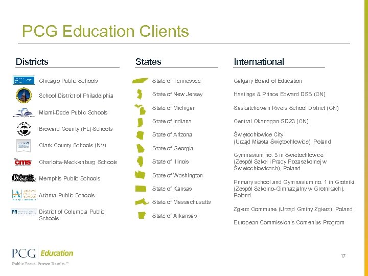 PCG Education Clients Districts States International Chicago Public Schools State of Tennessee Calgary Board