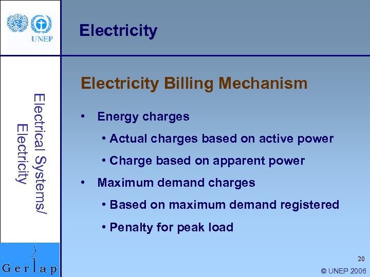 Electricity Billing Mechanism Electrical Systems/ Electricity • Energy charges • Actual charges based on