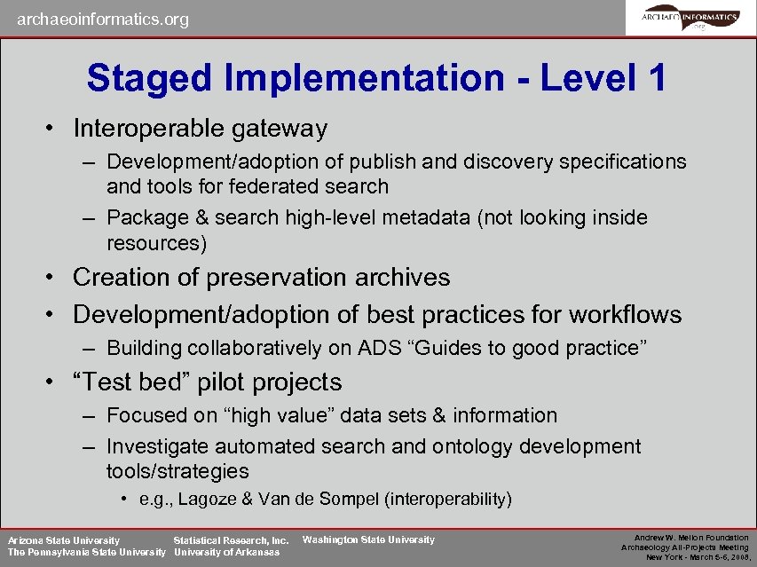 archaeoinformatics. org Staged Implementation - Level 1 • Interoperable gateway – Development/adoption of publish