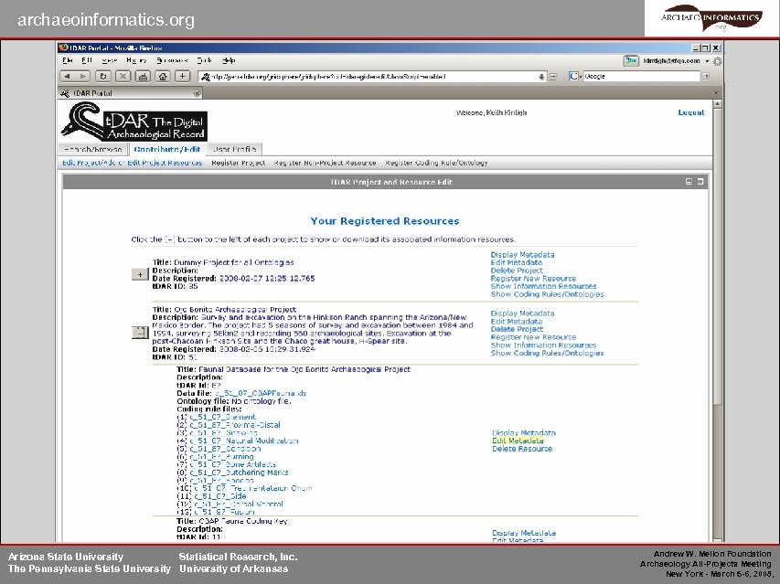 archaeoinformatics. org Arizona State University Statistical Research, Inc. The Pennsylvania State University of Arkansas