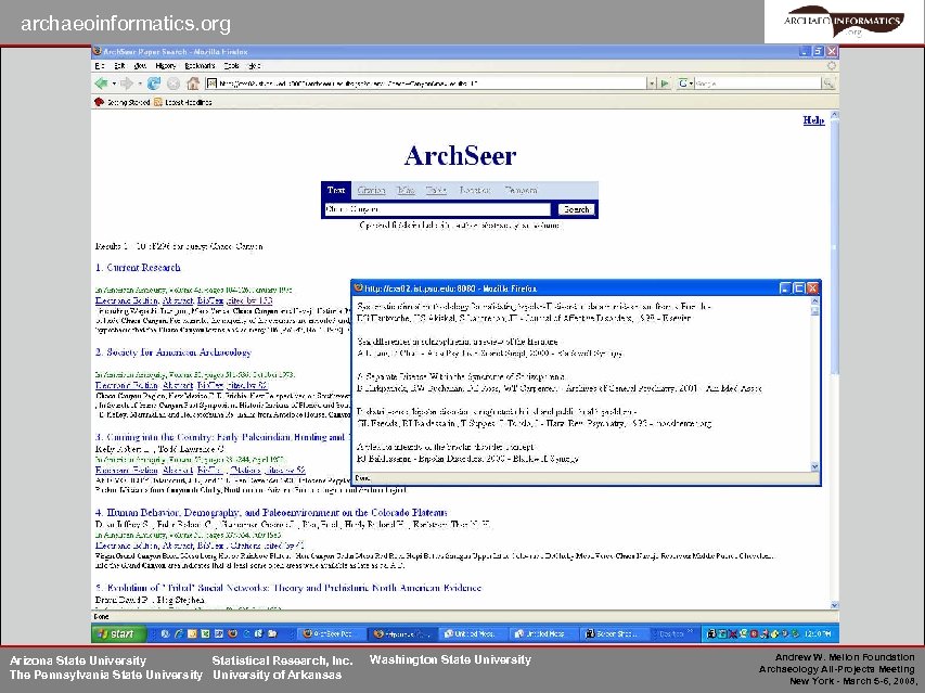 archaeoinformatics. org Arizona State University Statistical Research, Inc. The Pennsylvania State University of Arkansas