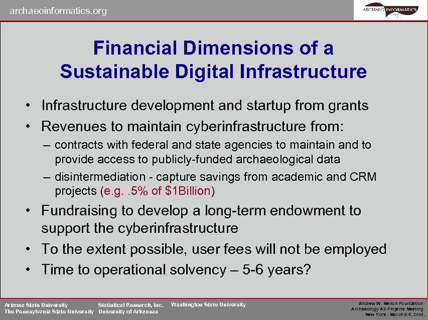 archaeoinformatics. org Financial Dimensions of a Sustainable Digital Infrastructure • Infrastructure development and startup