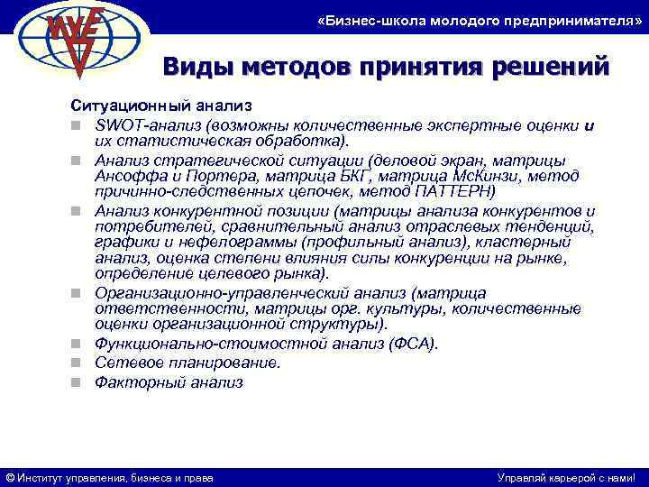  «Бизнес-школа молодого предпринимателя» Виды методов принятия решений Ситуационный анализ n SWOT-анализ (возможны количественные