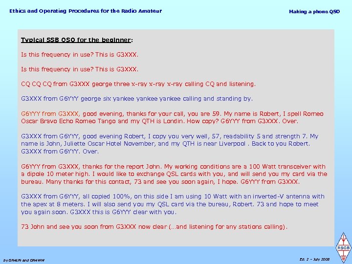 Ethics and Operating Procedures for the Radio Amateur Making a phone QSO Typical SSB