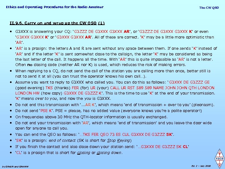 Ethics and Operating Procedures for the Radio Amateur The CW QSO II. 9. 6.